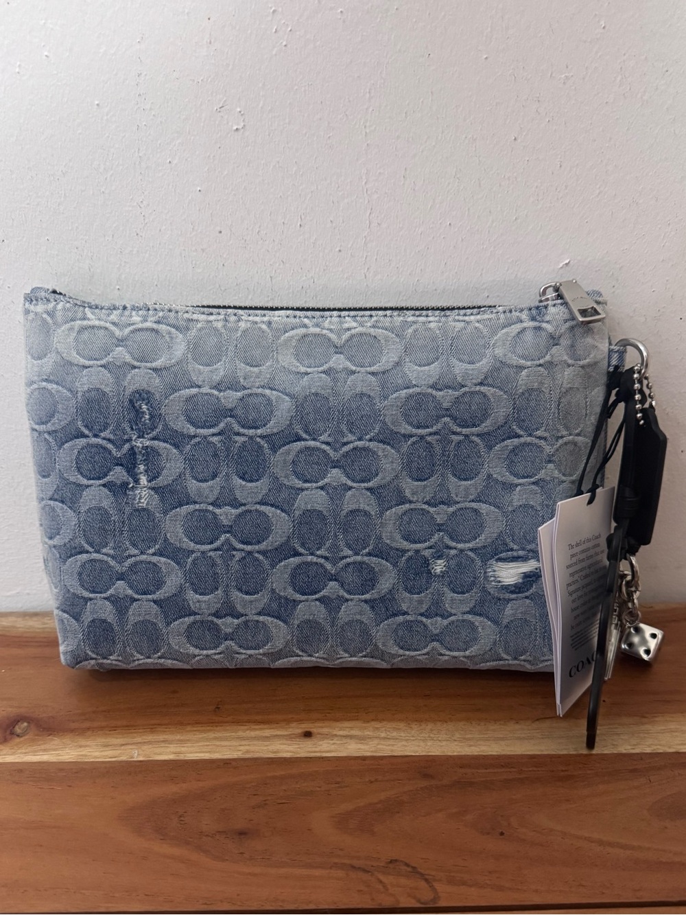 Coach Denim Signature Wristlet - Light Blue & White